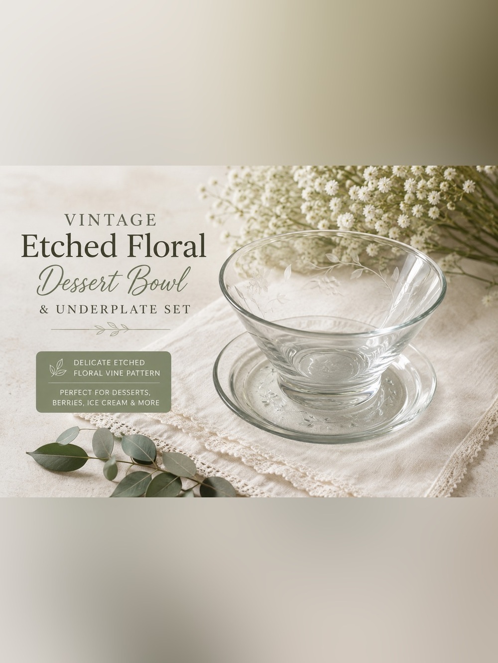 Vintage Etched Floral Glass Dessert Bowl & Underplate Set Clear Glass Berry Bowl